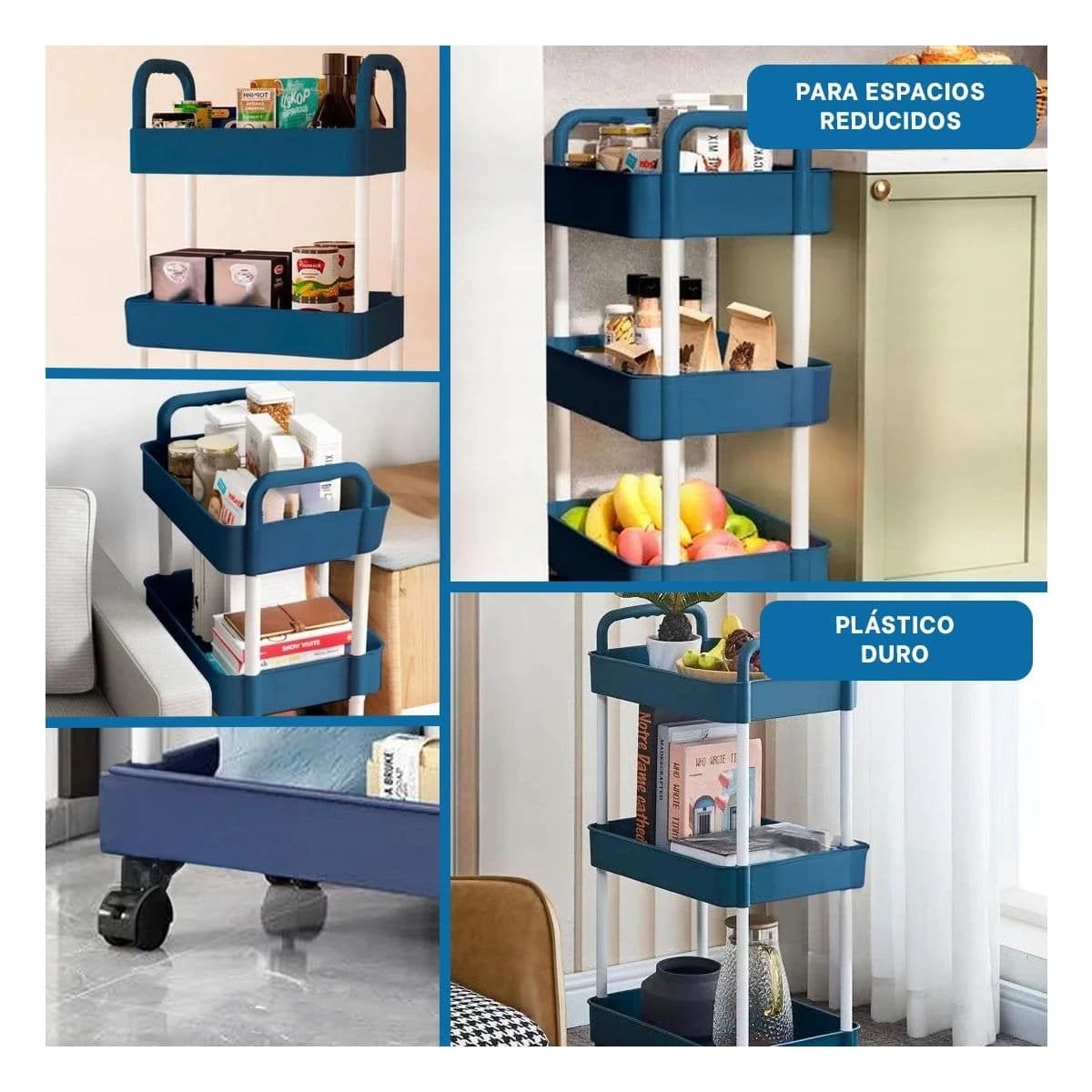 PACK4 UNIDAD MOVIL DE COCINA 3 NIVELES CON RUEDAS AZUL PRACTICA Y+REGALO STICKER - 2