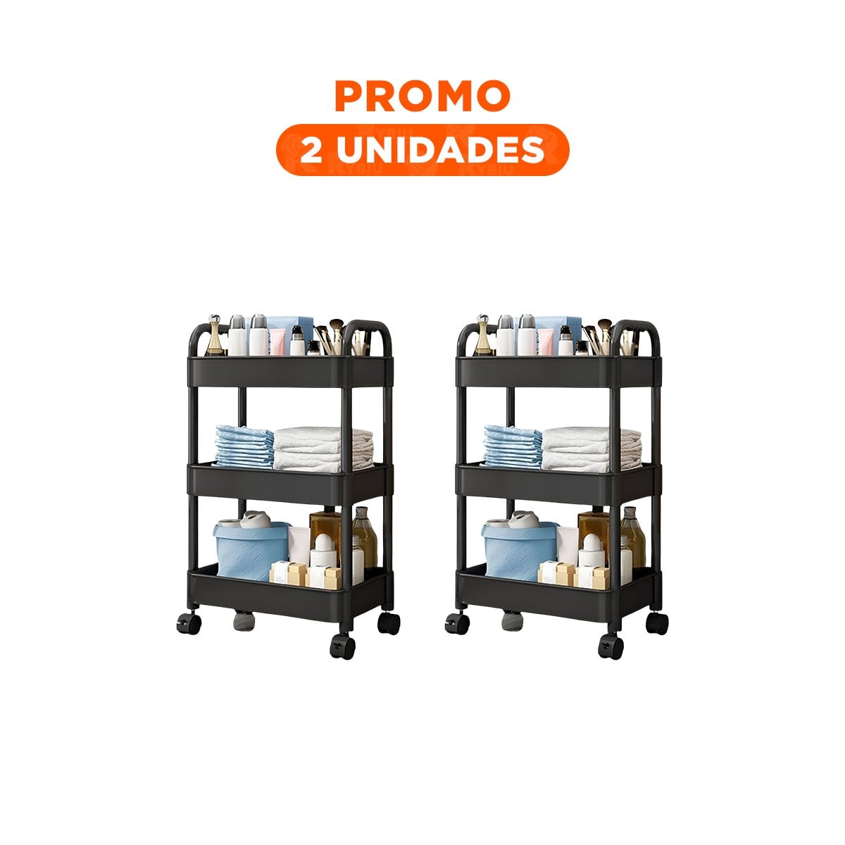 PACK2 RACK DE ALMACENAMIENTO 3 NIVELES CON RUEDAS Y ASAS HOGAR NEGRO - 1