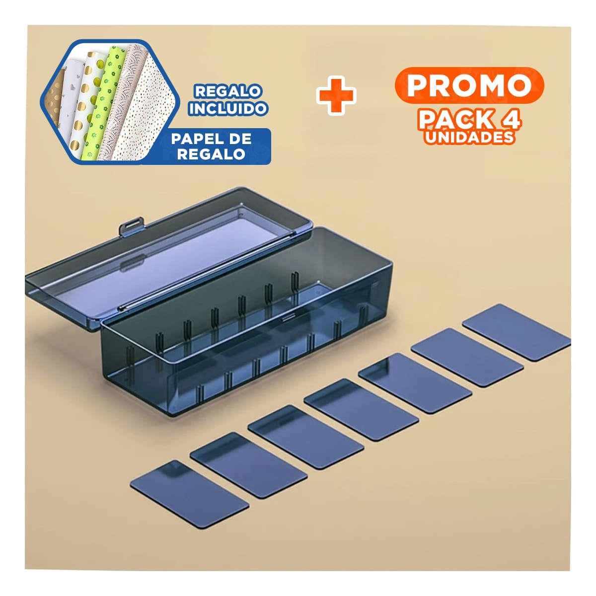 PACK4 MODULO ORGANIZADOR PRACTICO PEQUENO 16.5X10X7.5CM PARA ESCRITORIO AZUL Y+PAPEL REGALO - 1