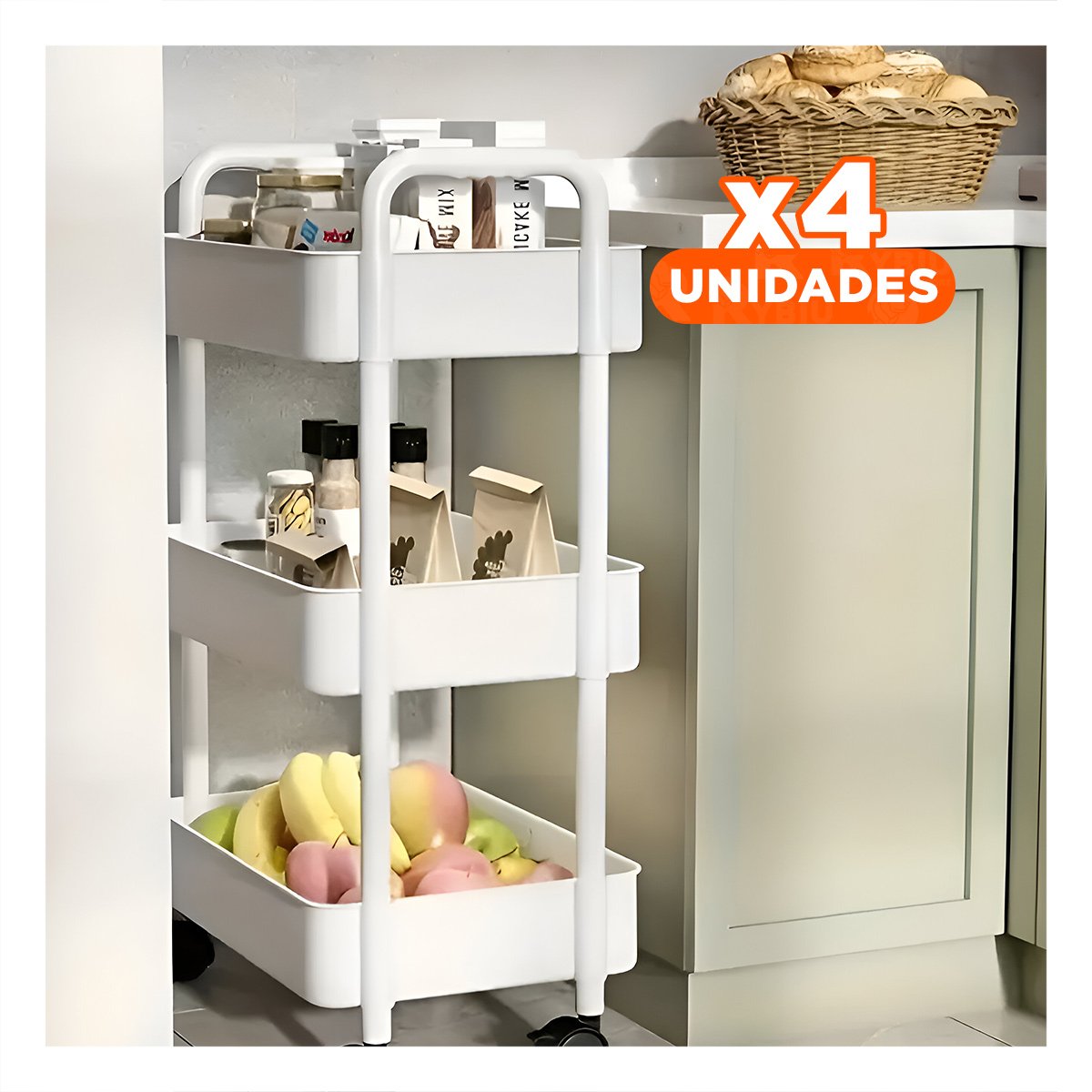 PACK4 CARRITO AUXILIAR 3 NIVELES CON RUEDAS Y ASAS EN PLASTICO BLANCO CASA - 1