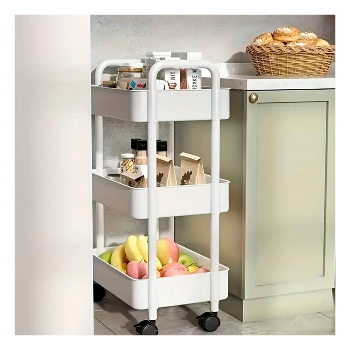 PACK4 CARRITO AUXILIAR 3 NIVELES CON RUEDAS Y ASAS EN PLASTICO BLANCO CASA - 5
