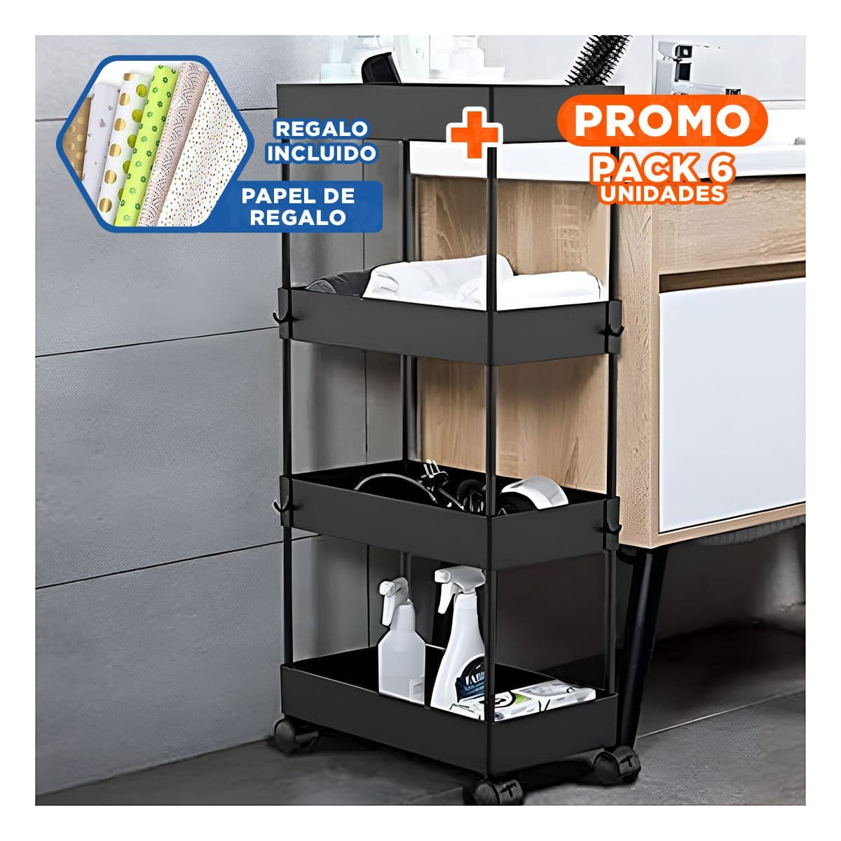 PACK6 ANAQUELERO LATERAL DE 4 NIVELES CON 4 RUEDAS NEGRO PLASTICO COMPACTO Y+PAPEL REGALO - 1