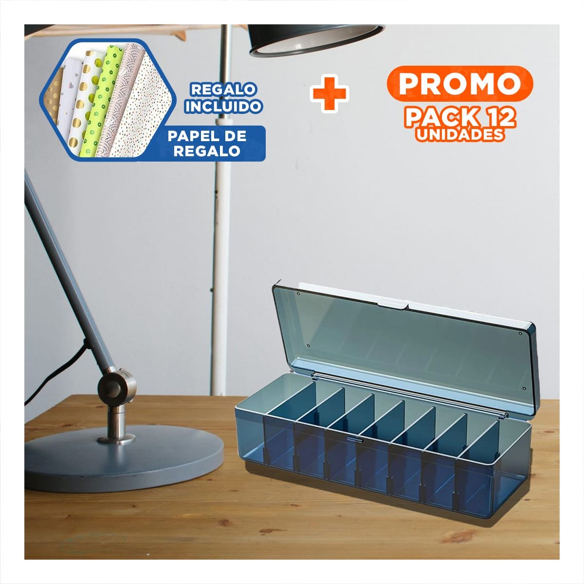 PACK12 ORGANIZADOR PLASTICO FUNCIONAL 16.5X10X7.5CM PARA ACCESORIOS AZUL Y+PAPEL REGALO - 1