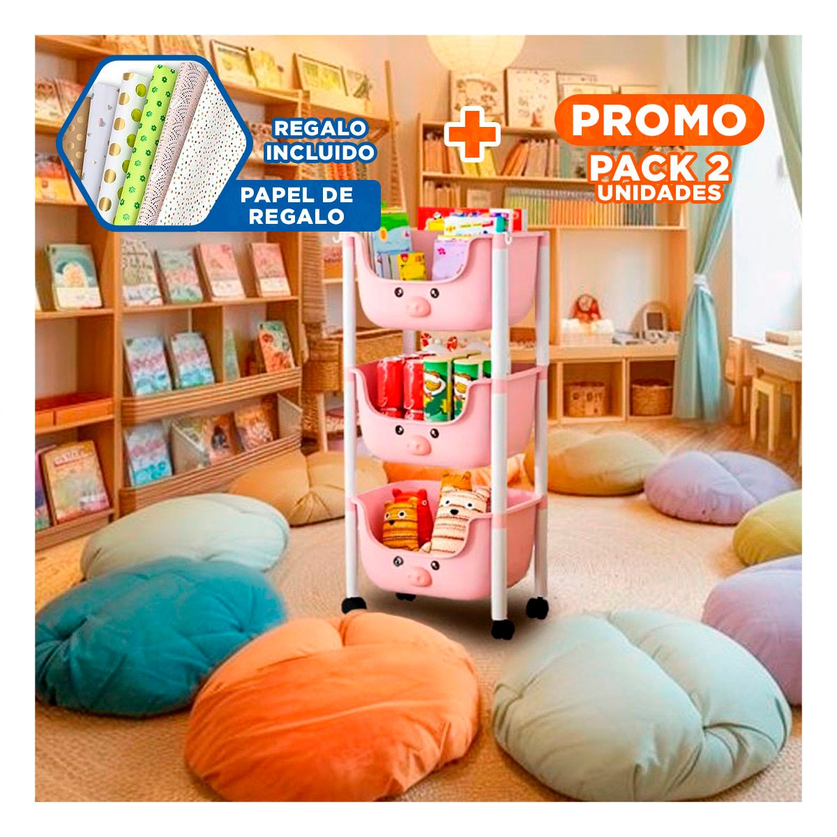 PACK2 CONTENEDOR KAWAII 3 NIVELES ESTRUCTURA RESISTENTE CON CHANCHO ROSADO Y+PAPEL REGALO - 1