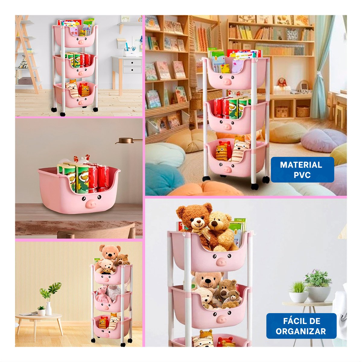 PACK2 CONTENEDOR KAWAII 3 NIVELES ESTRUCTURA RESISTENTE CON CHANCHO ROSADO Y+PAPEL REGALO - 3