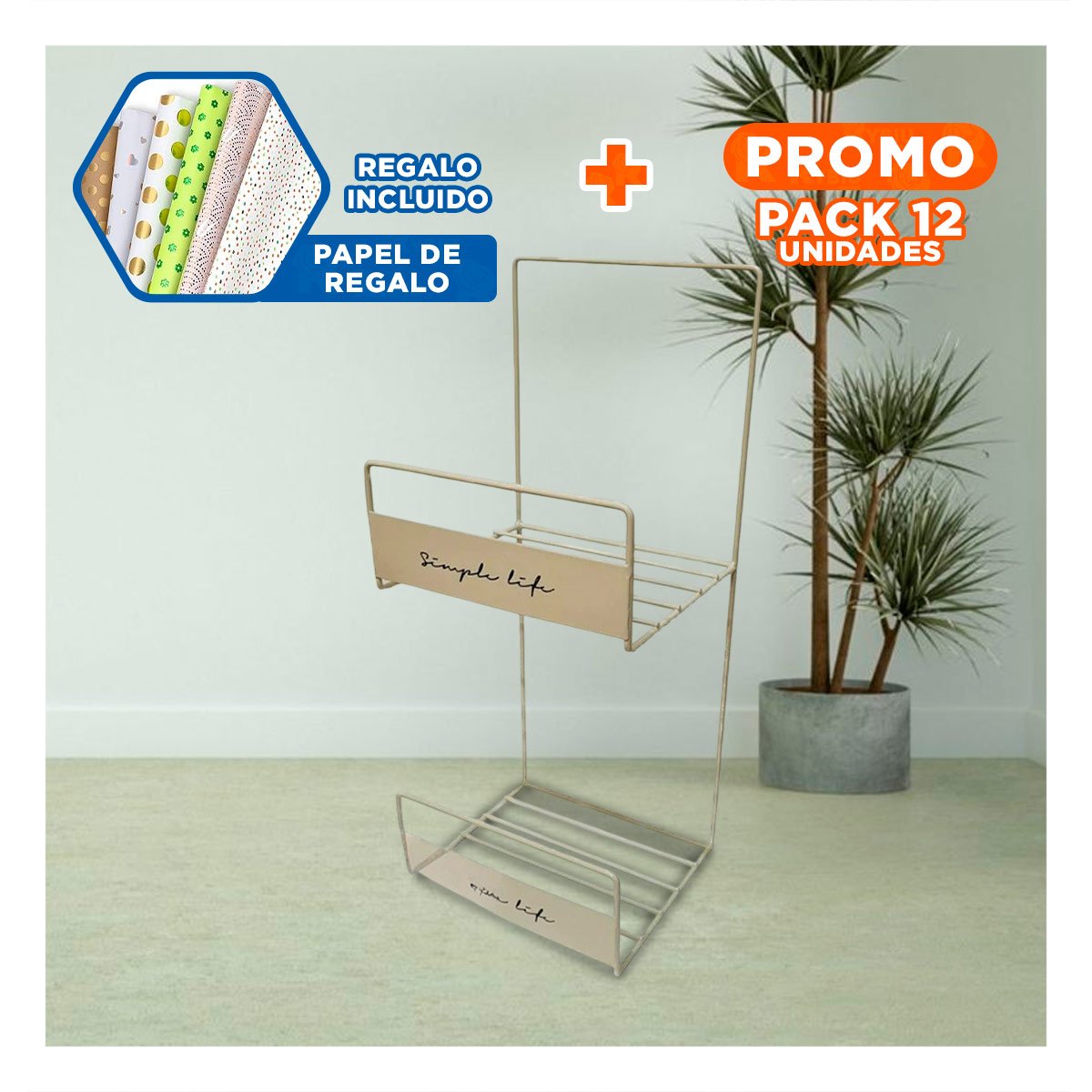 PACK12 ESTRUCTURA DOBLE NIVEL PARA CARTERAS BLANCO 45X17X19CM USO DIARIO PLUS Y+PAPEL REGALO - 1
