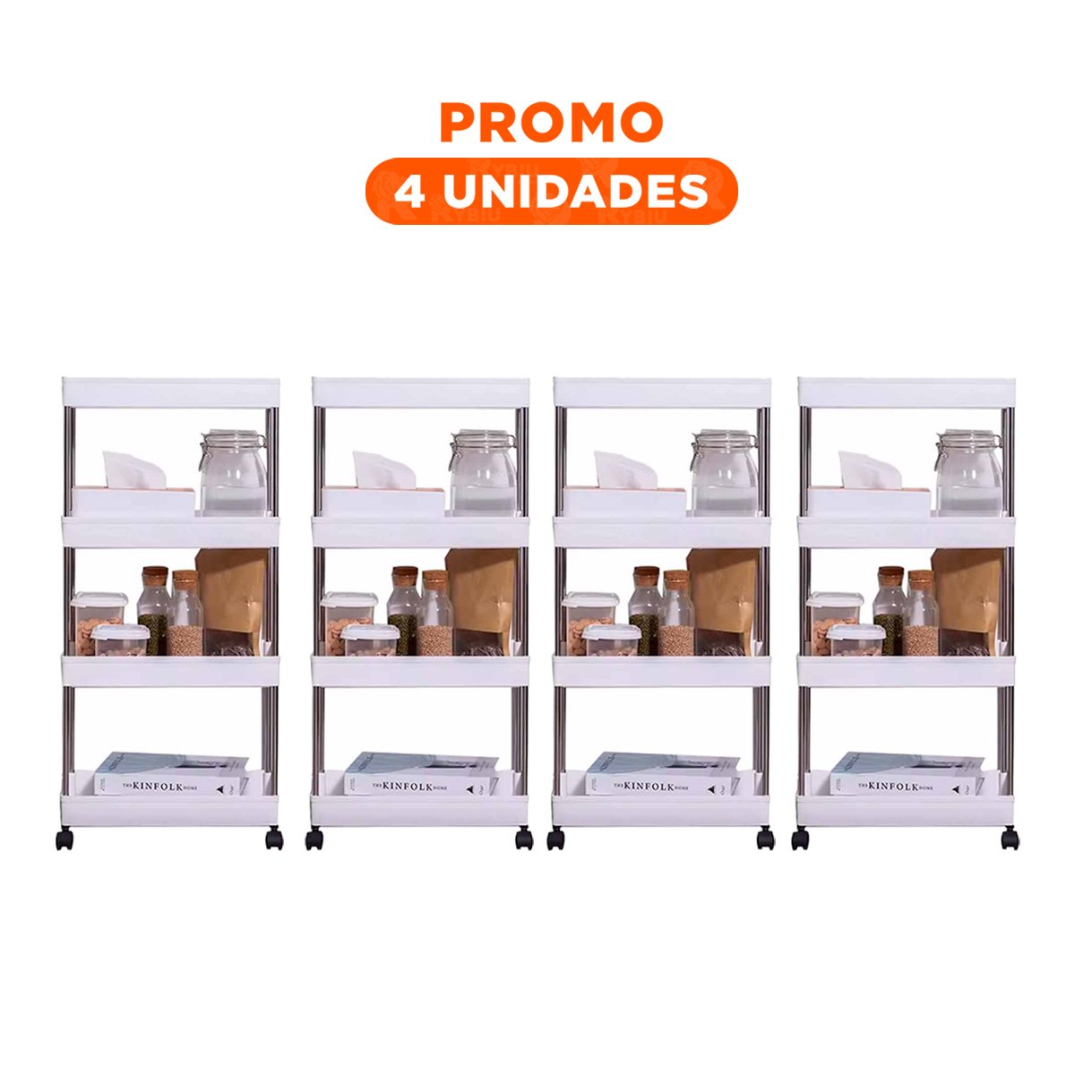 PACK4 SOPORTE LATERAL DE 4 NIVELES CON 4 RUEDAS BLANCO PLASTICO VERSATIL Y+REGALO STICKER - 1