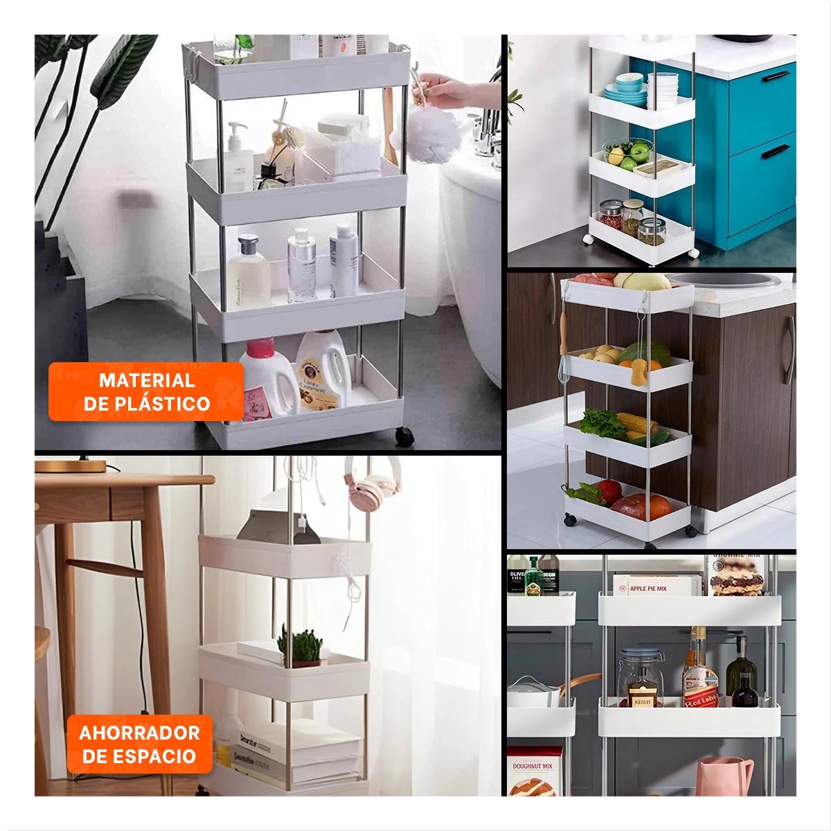 PACK4 SOPORTE LATERAL DE 4 NIVELES CON 4 RUEDAS BLANCO PLASTICO VERSATIL Y+REGALO STICKER - 2