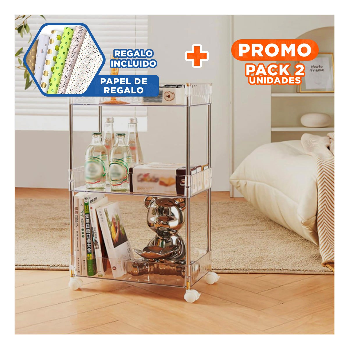PACK2 CONTENEDOR LATERAL 3 NIVELES CON 4 RUEDAS PRACTICO PARA ESPACIOS ACRILICO Y+PAPEL REGALO - 1