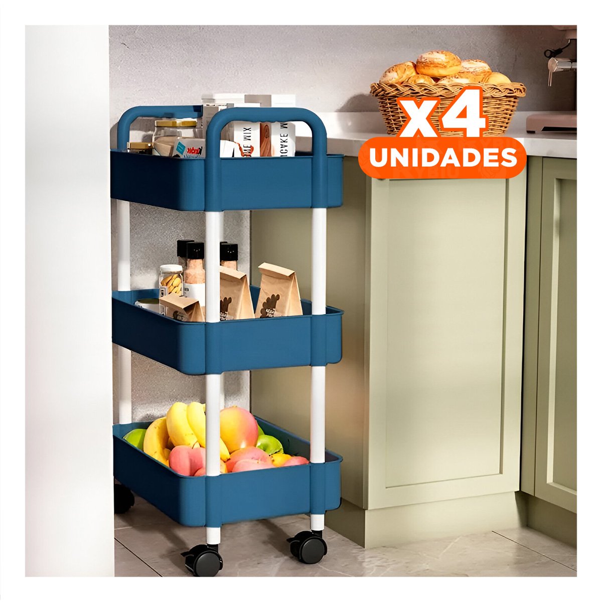 PACK4 PLATAFORMA MOVIL DE COCINA 3 NIVELES CON RUEDAS AZUL UTIL - 1