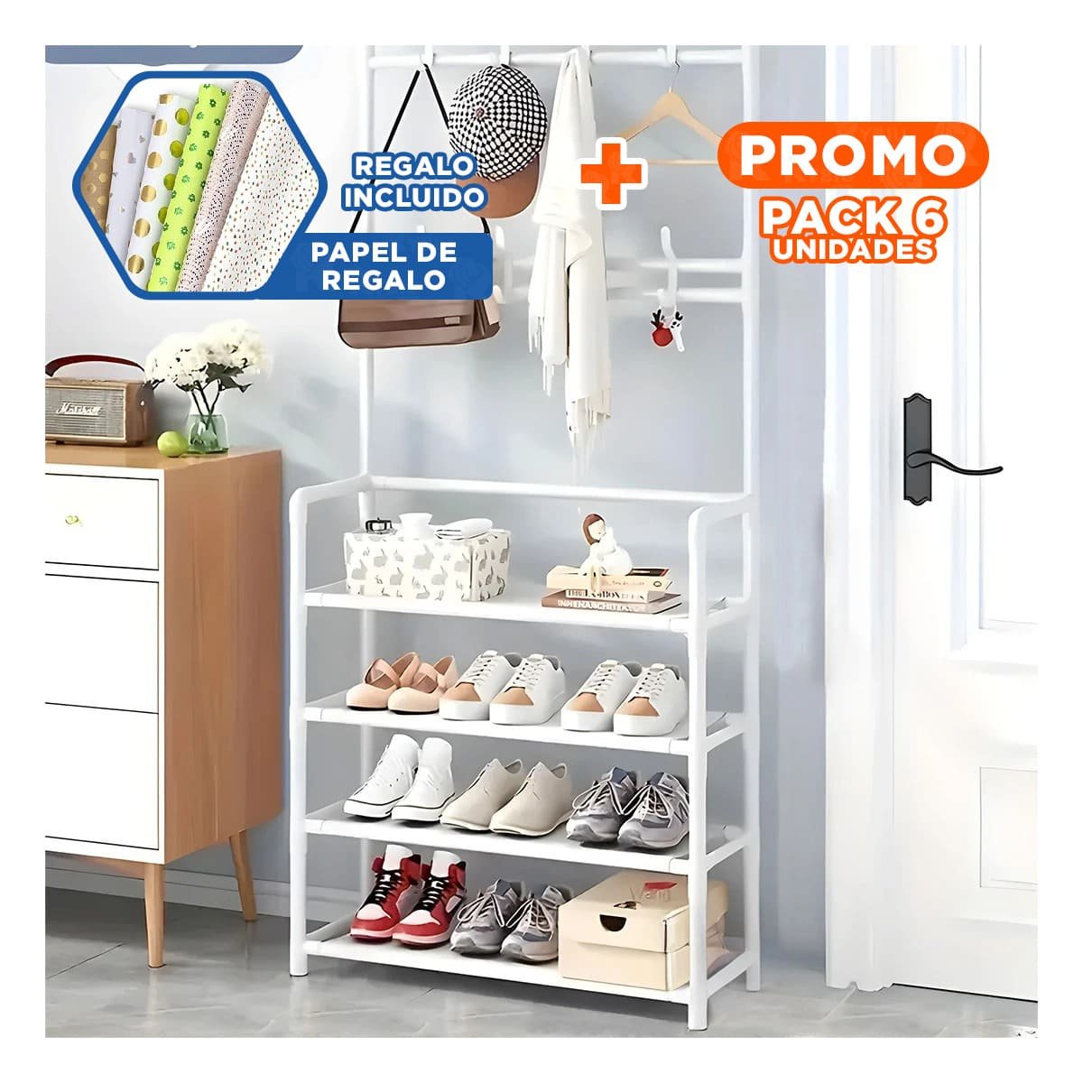PACK6 MODULO FUNCIONAL BLANCO CON PERCHEROS RECTO PARA ZAPATOS Y ORDEN Y+PAPEL REGALO - 1