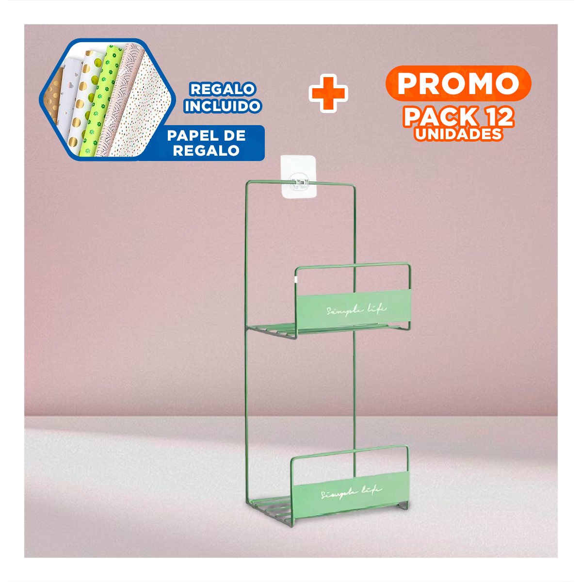 PACK12 ESTRUCTURA DOBLE NIVEL PARA CARTERAS VERDE 45X17X19CM USO DIARIO PLUS Y+PAPEL REGALO - 1