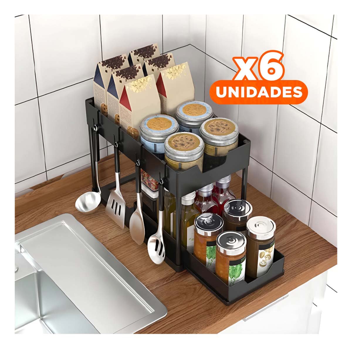 PACK6 CONTENEDOR 2 NIVELES CON 2 CAJONES DESLIZABLES RESISTENTE Y LIGERO NEGRO Y+REGALO STICKER - 1