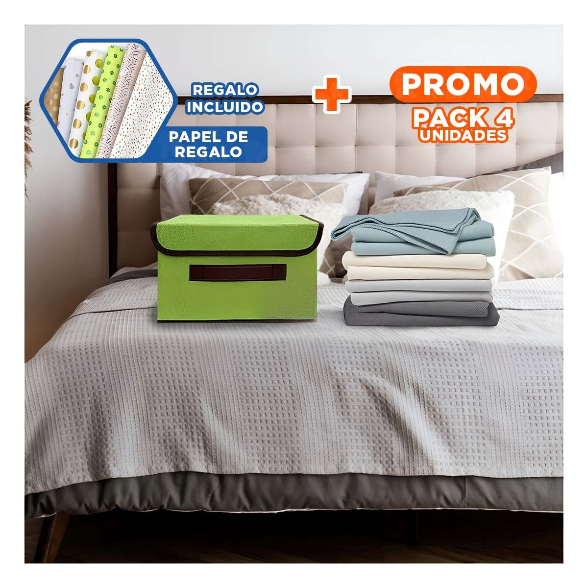 PACK4 CESTA PLEGABLE TELA VERDE 25X19X16CM PARA GUARDADO PRACTICO Y+PAPEL REGALO - 1