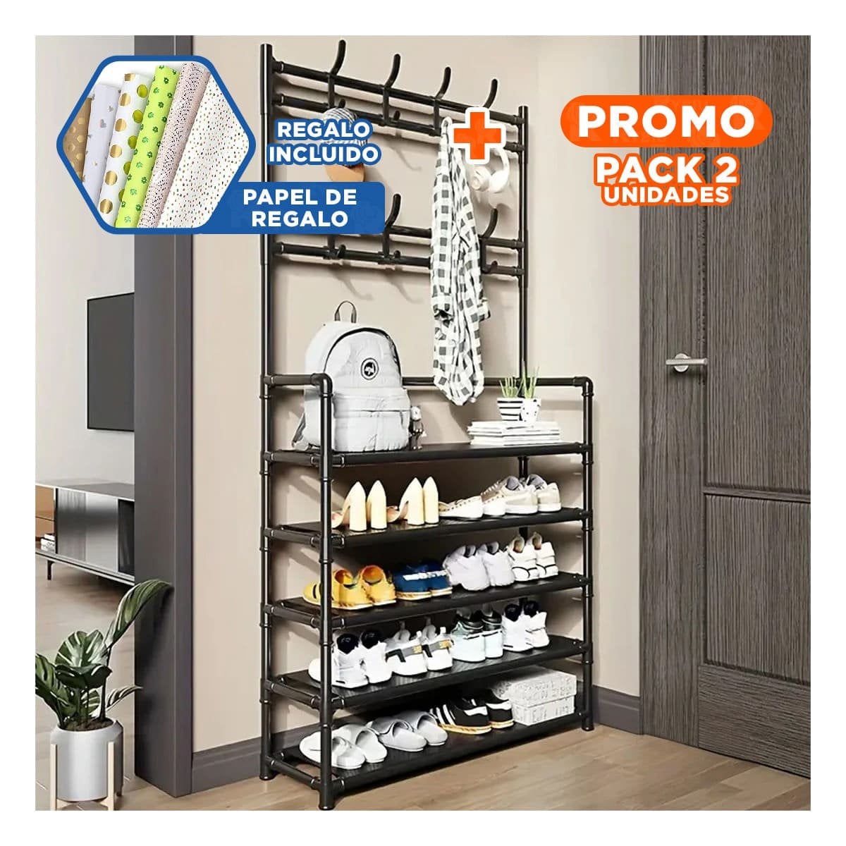 PACK2 GABINETE ORGANIZADOR RECTO NEGRO CON PERCHEROS PARA ORGANIZACION DIARIA Y+PAPEL REGALO - 1