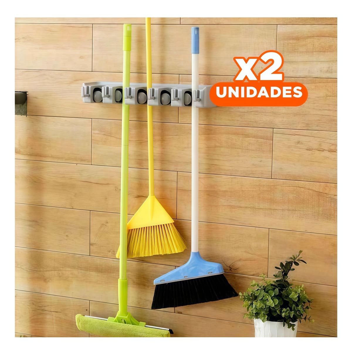 PACK2 SOPORTE FUNCIONAL PARA ESCOBAS CON 5 ESPACIOS PARA CASA PLOMO Y+REGALO STICKER - 1
