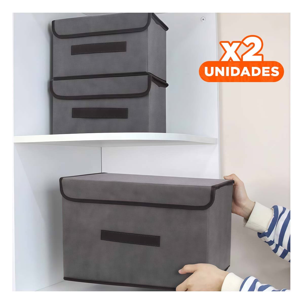 PACK2 CANASTA DE GUARDADO TELA PLOMO 36X24X23CM PARA USO DIARIO Y+REGALO STICKER - 1