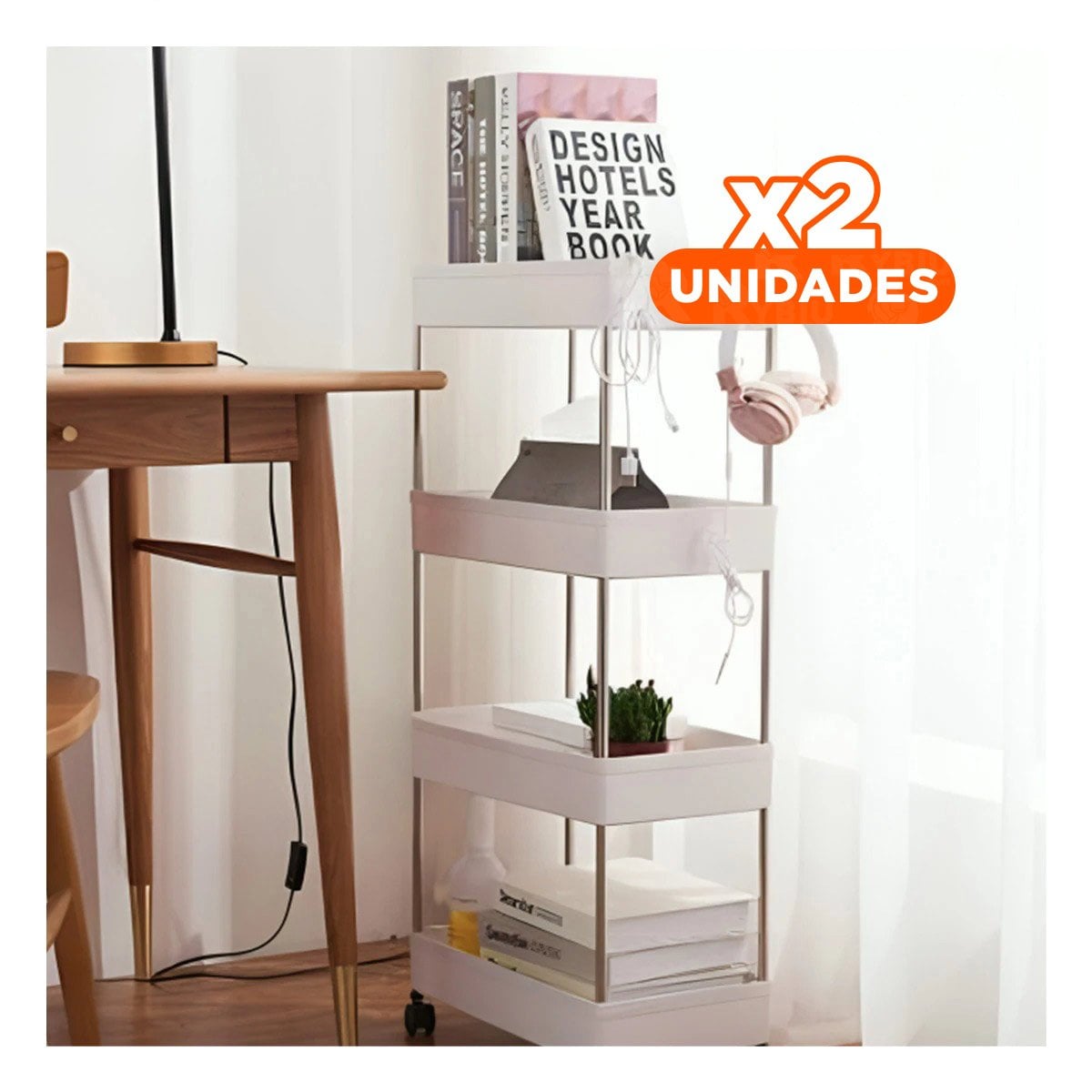 PACK2 SOPORTE LATERAL DE 4 NIVELES CON 4 RUEDAS BLANCO PLASTICO FUNCIONAL Y+REGALO STICKER - 1