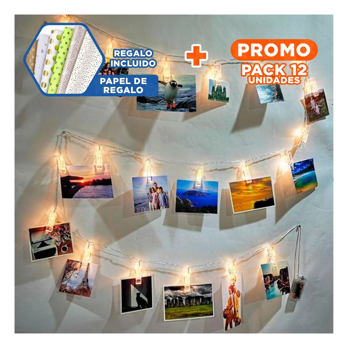 PACK12 FIESTA LED CON 20 CLIPS PARA FOTOS 3 METROS PARA HABITACION Y SALON Y+PAPEL REGALO - 1