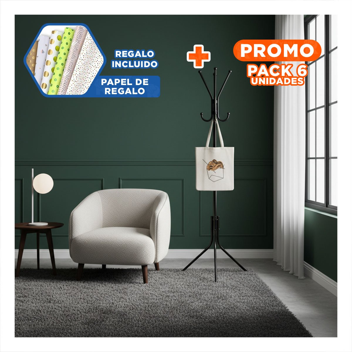 PACK6 ESTRUCTURA MULTIUSO 175X45CM PARA ROPA Y ACCESORIOS EN HOGAR NEGRO Y+PAPEL REGALO - 1