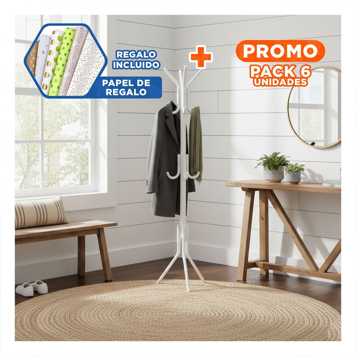 PACK6 BASE COLGANTE MULTIUSO 175X45CM PARA ROPA Y ACCESORIOS EN HOGAR BLANCO Y+PAPEL REGALO - 1