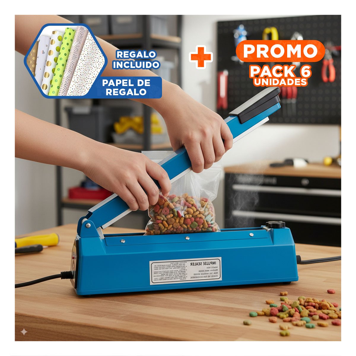 PACK6 APARATO PRACTICO PARA SELLADO RAPIDO DE BOLSAS AZUL Y+PAPEL REGALO - 1
