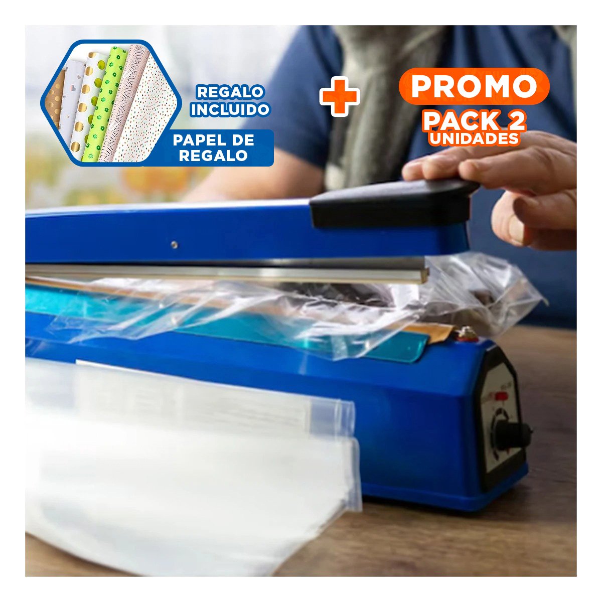 PACK2 MAQUINA DE SELLAR BOLSAS COMPACTA PARA ORGANIZAR PAQUETES 42X12CM Y+PAPEL REGALO - 1