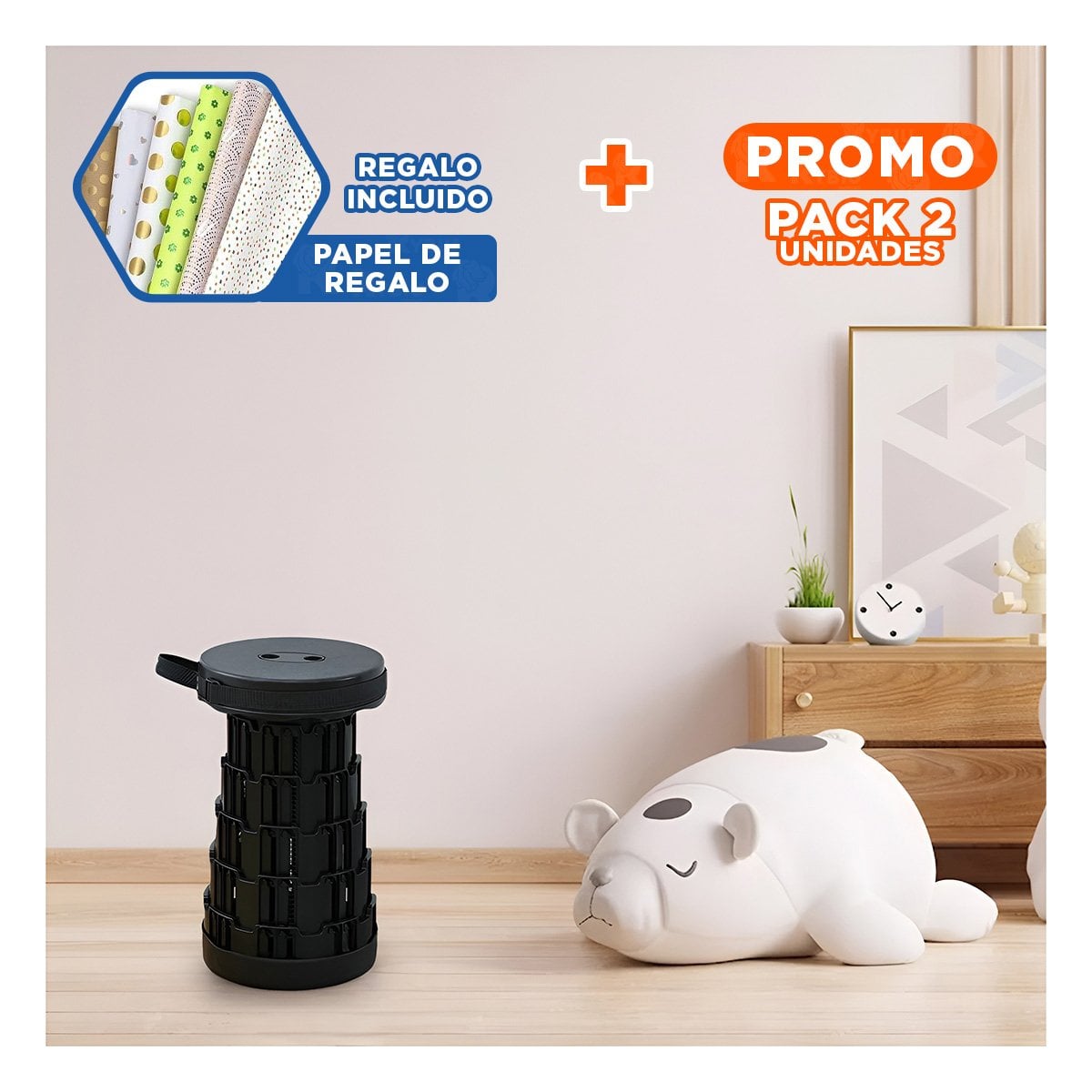 PACK2 TABURETE COMPACTO PLEGABLE PORTATIL TODO NEGRO CON DOS SEGUROS Y+PAPEL REGALO - 1