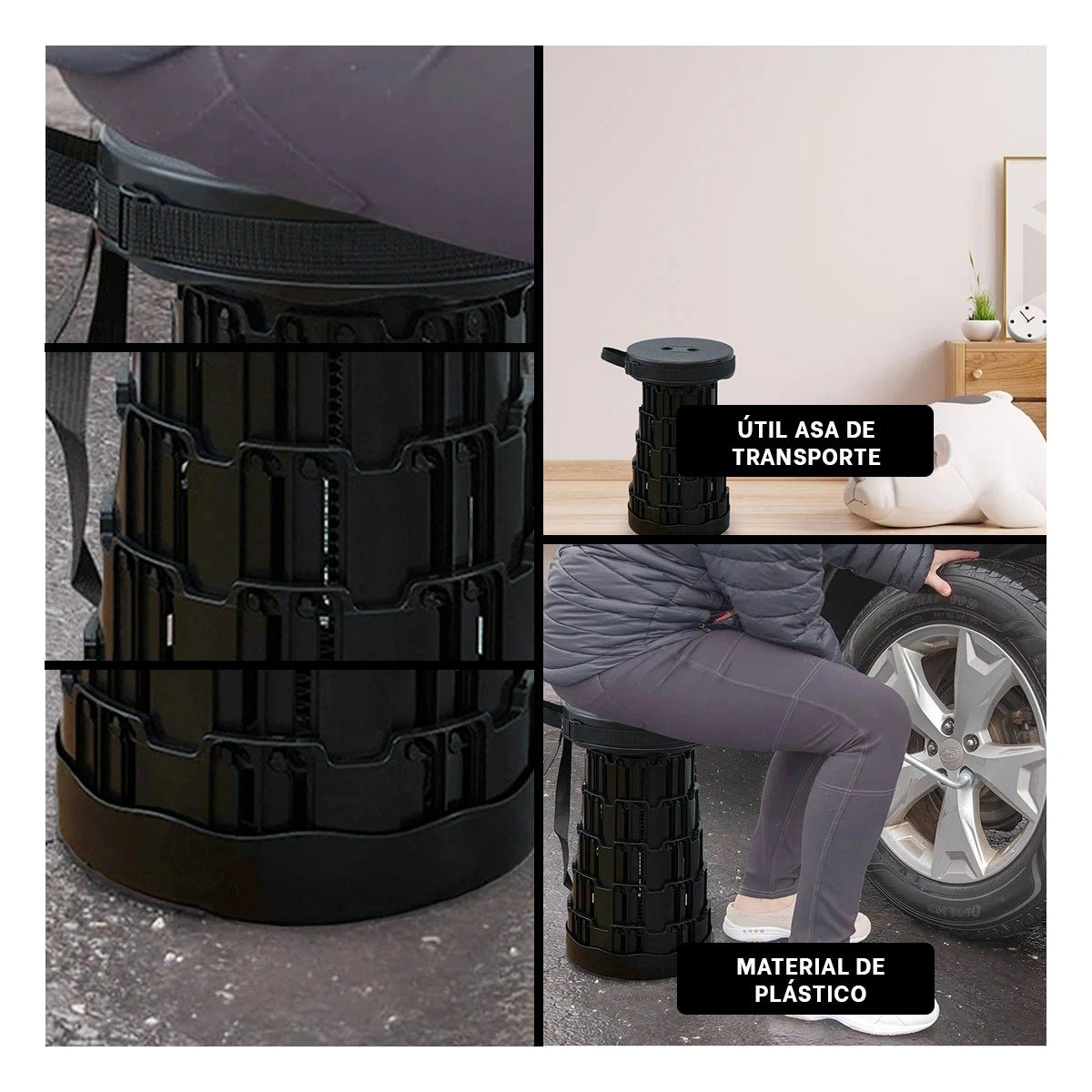 PACK2 TABURETE COMPACTO PLEGABLE PORTATIL TODO NEGRO CON DOS SEGUROS Y+PAPEL REGALO - 3