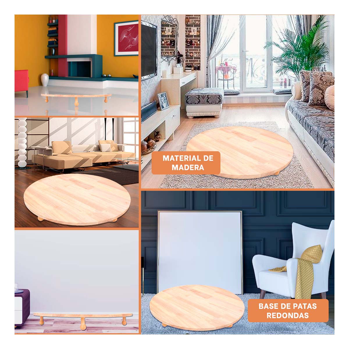 PLATAFORMA DE MADERA CIRCULAR CON PATITAS PARA USO DECORATIVO HOGAR - 5