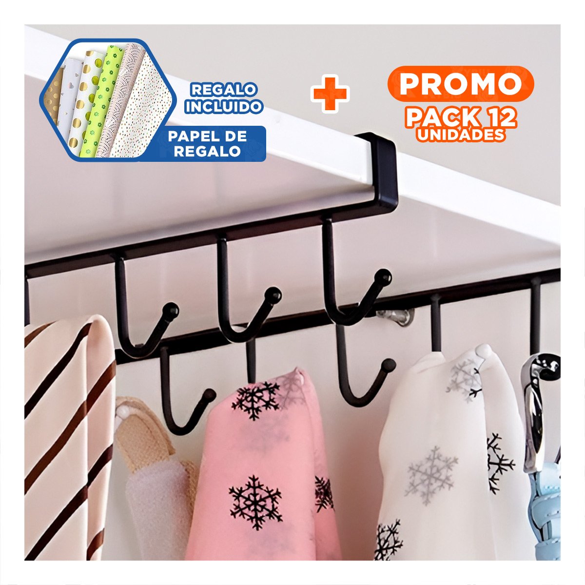 PACK12 TORRE DE GANCHOS 6X1 COLOR NEGRO PARA GENTE QUE AMA EL ORDEN SANO Y+PAPEL REGALO - 1