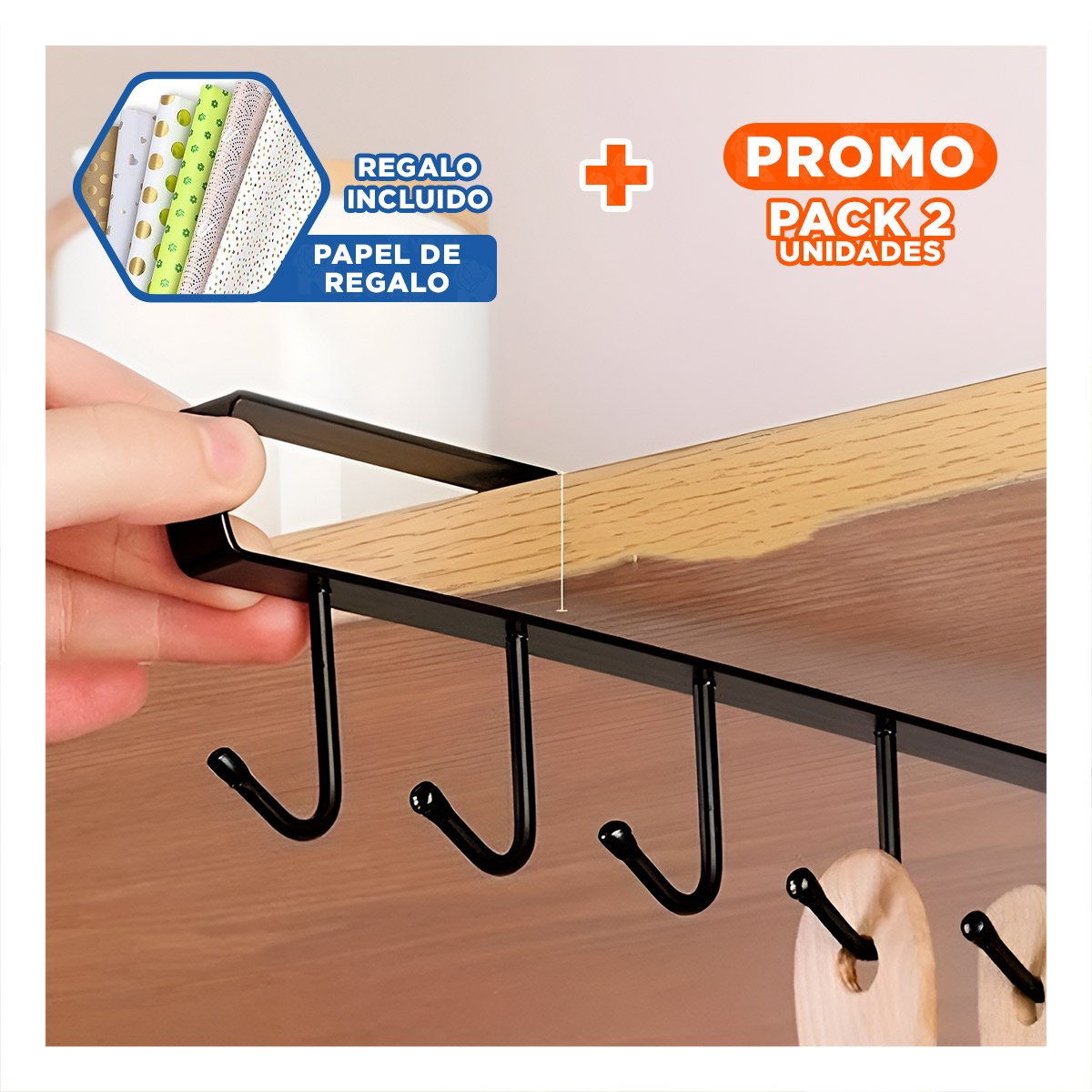 PACK2 EQUIPO DE GANCHO 6X1 COLOR NEGRO DE ESTILO ACTIVO EN SU VIVIENDA LINDA Y+PAPEL REGALO - 1