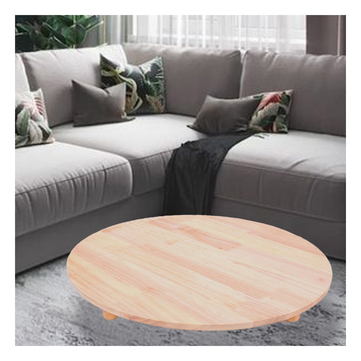PLATAFORMA BAJA CIRCULAR DE MADERA CON PATITAS PARA DECORACION DE HOGAR Y+PAPEL REGALO - 5