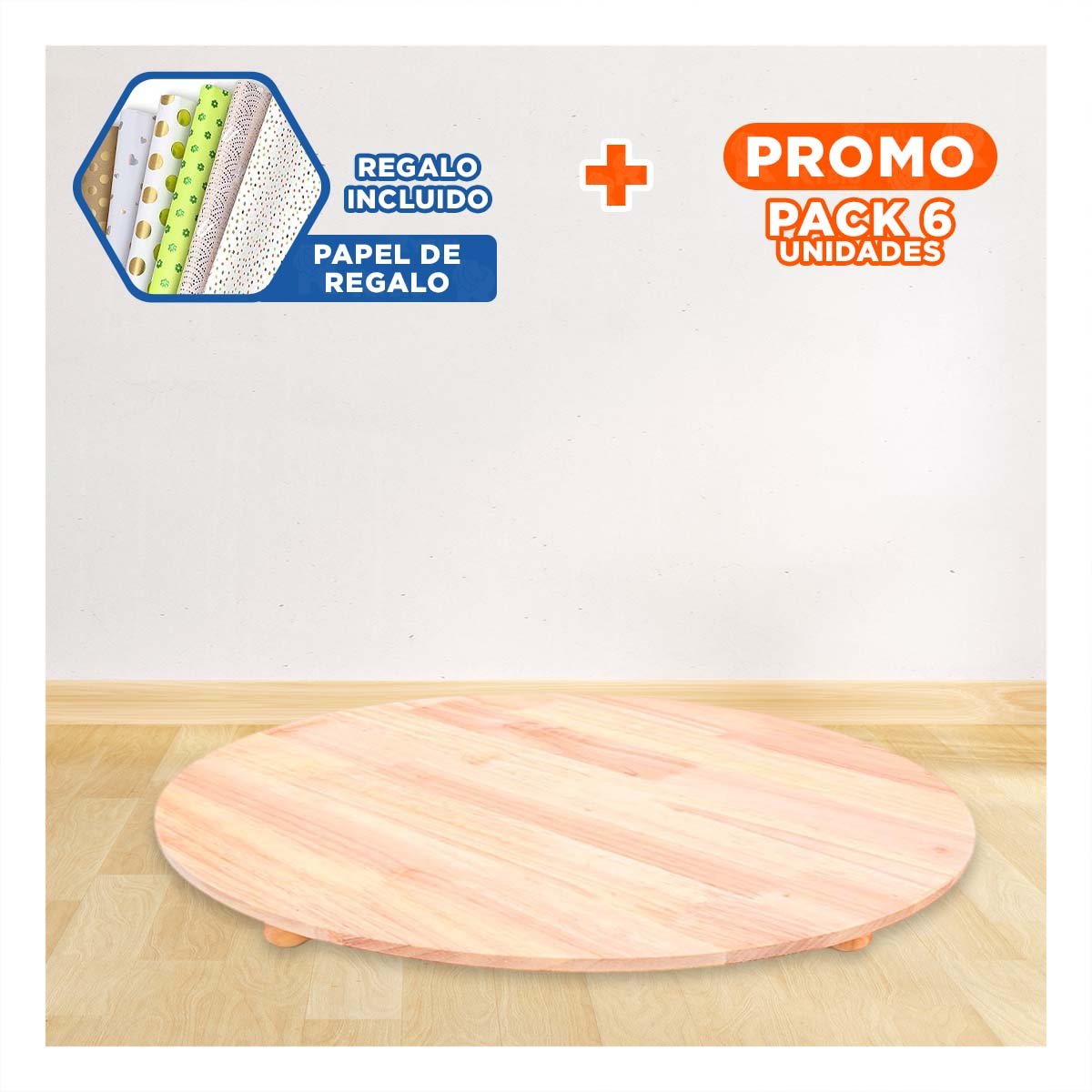 PACK6 ESTRUCTURA CIRCULAR DE MADERA CON PATITAS PARA DECORACION EN CASA Y+PAPEL REGALO - 1