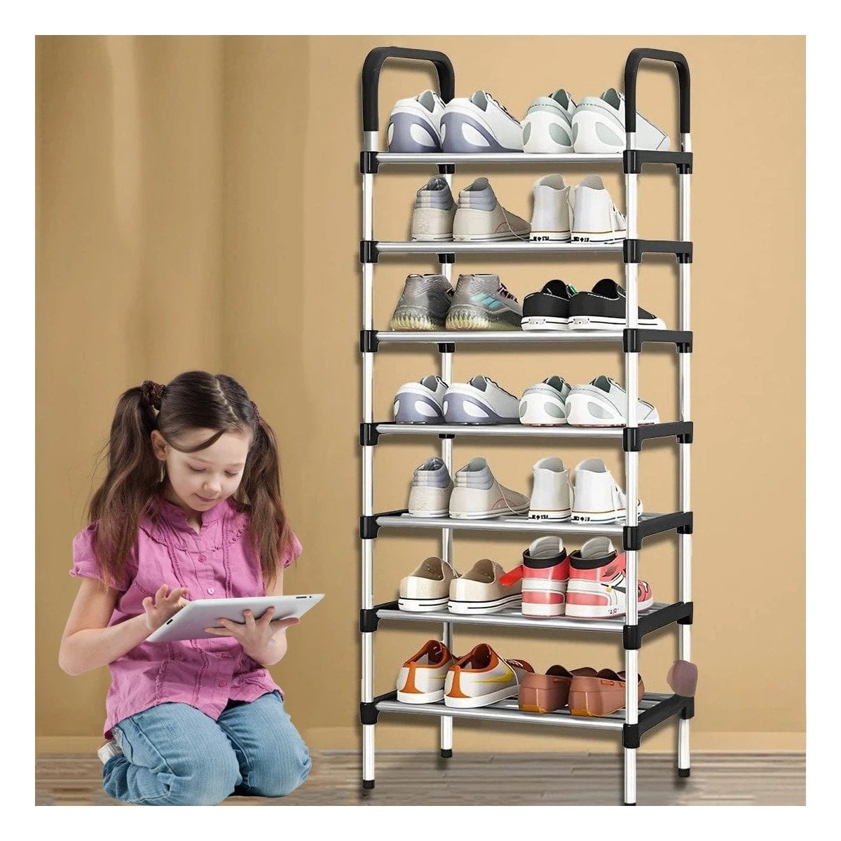 PACK4 PORTAZAPATOS VERTICAL 7 NIVELES DE TELA PARA ORGANIZAR ZAPATOS EN FAMILIA NEGRO - 2