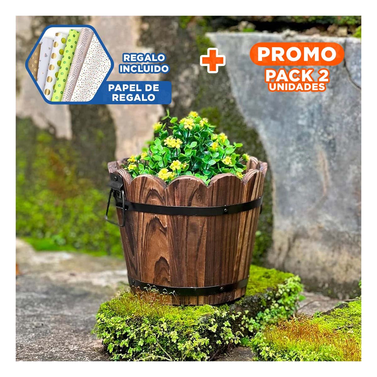 PACK2 JARDINERA DECORATIVA DE MADERA TIPO BARRIL CON BORDE ONDEADO MARRON Y+PAPEL REGALO - 1