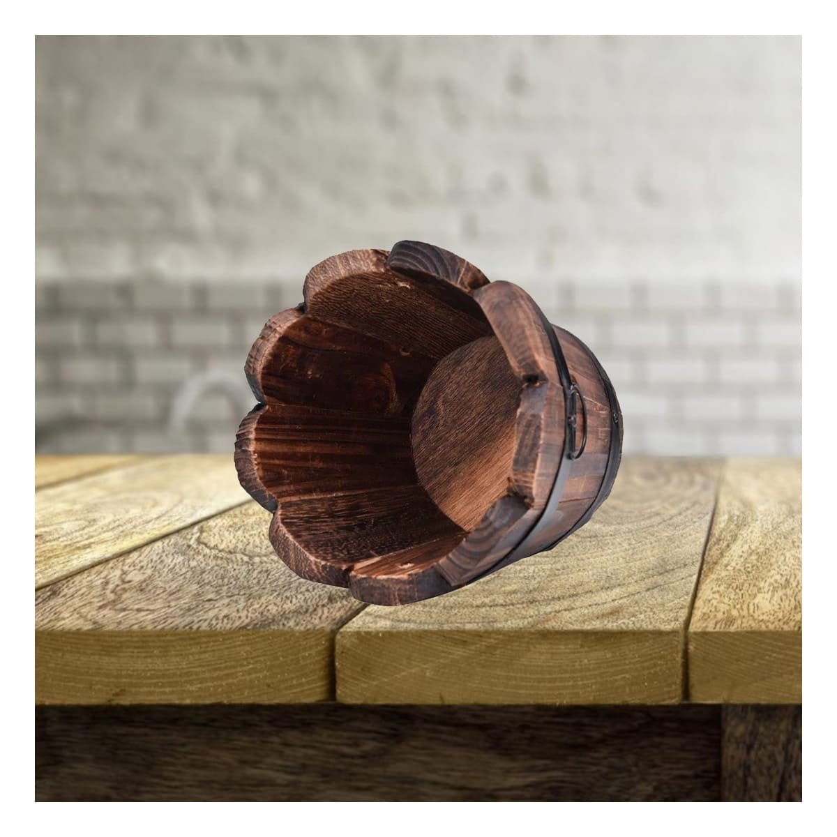 PACK2 MACETA DECORATIVA DE MADERA TIPO BARRIL CON BORDE ONDEADO MARRON - 2