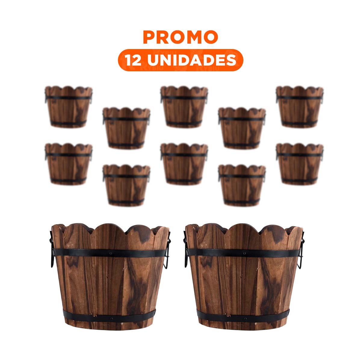 PACK12 JARDINERA ARTESANAL DE MADERA TIPO BARRIL CON BORDE ONDEADO MARRON Y+REGALO STICKER - 1