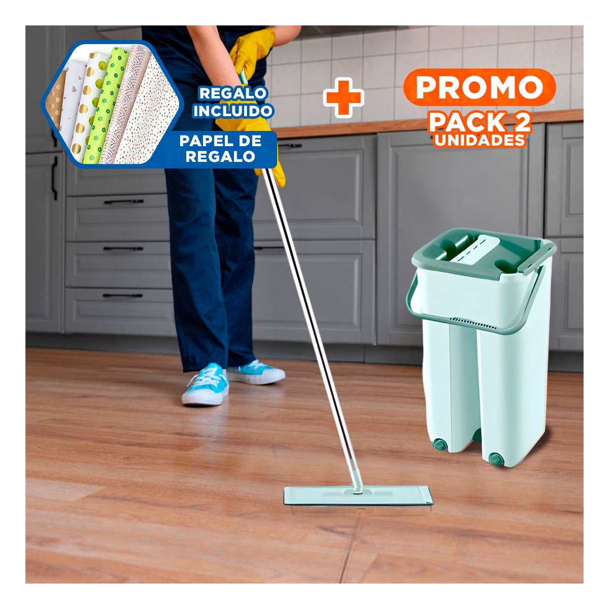 PACK2 LIMPIADOR GIRATORIO CON BALDE AMPLIO PARA LIMPIEZA DE HOGAR VERDE AGUA Y+PAPEL REGALO - 1
