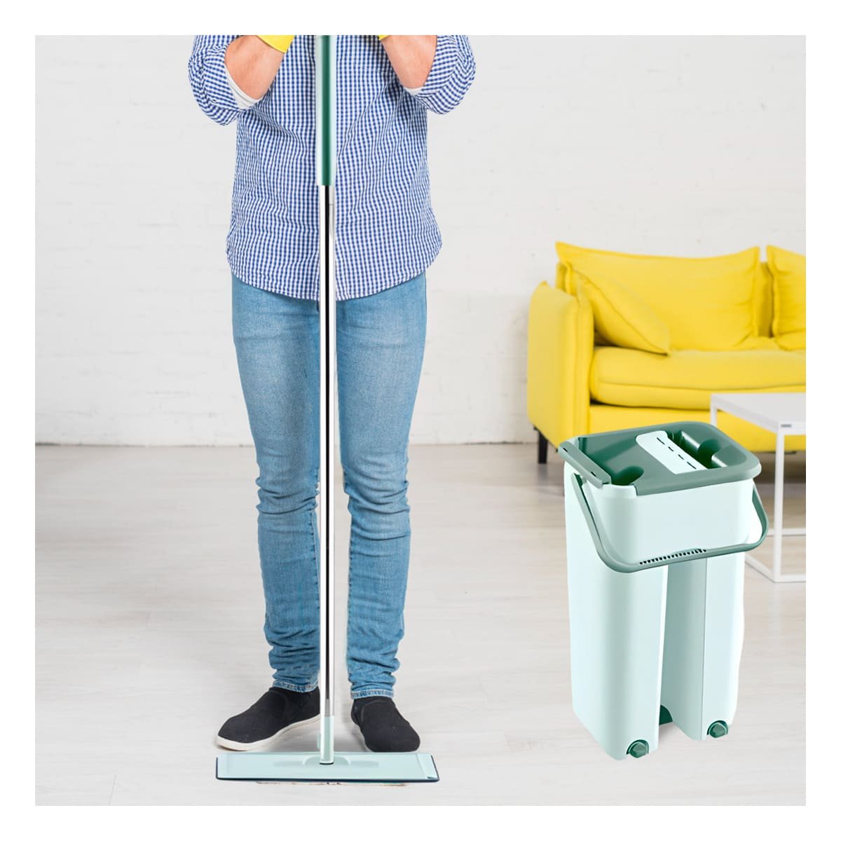 PACK2 LIMPIADOR GIRATORIO CON BALDE AMPLIO PARA LIMPIEZA DE HOGAR VERDE AGUA Y+PAPEL REGALO - 2