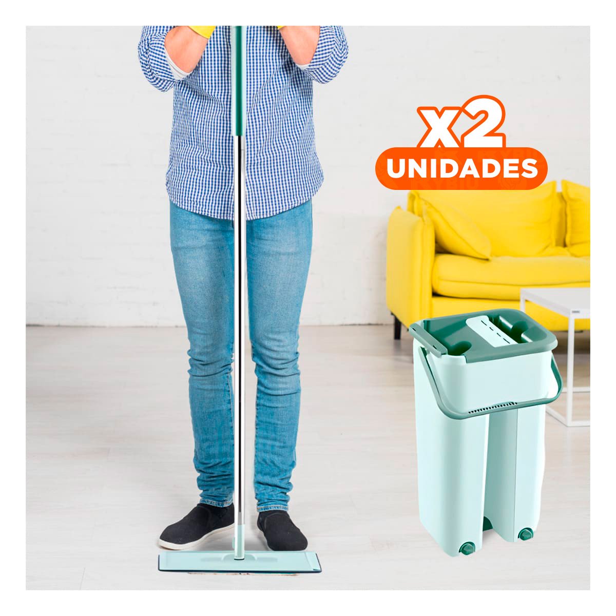 PACK2 ESCOBA GIRATORIA CON BALDE MODERNO PARA LIMPIEZA DE CASA VERDE AGUA Y+REGALO STICKER - 1