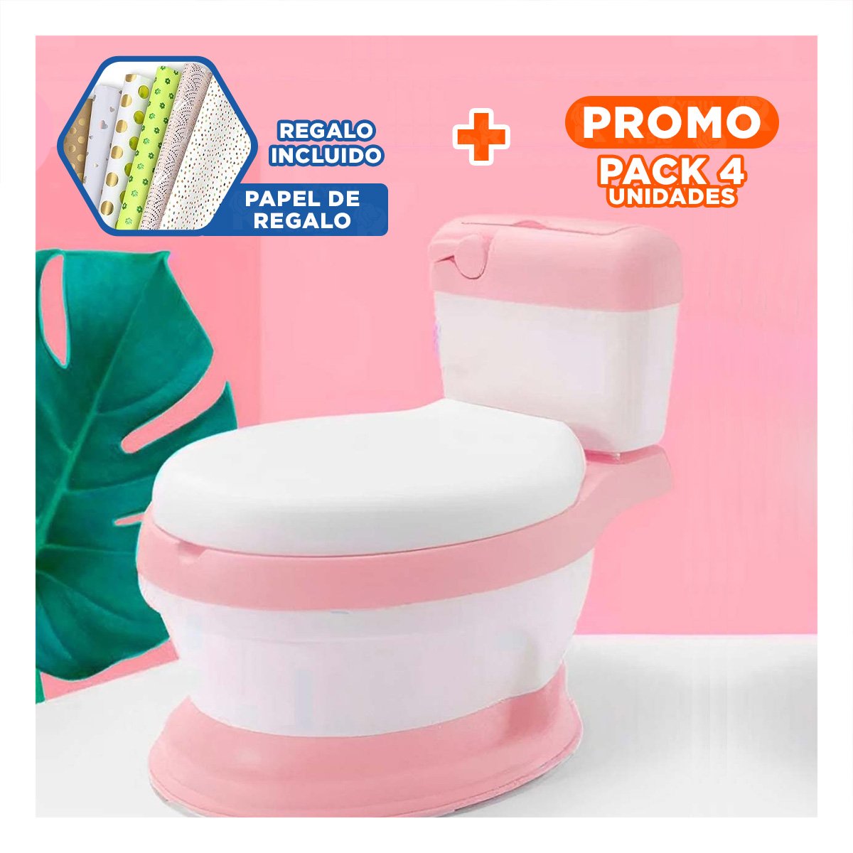 PACK4 VERSION SANITARIA INFANTIL ROSADO PARA CASA CON DISENO COMPACTO Y+PAPEL REGALO - 1