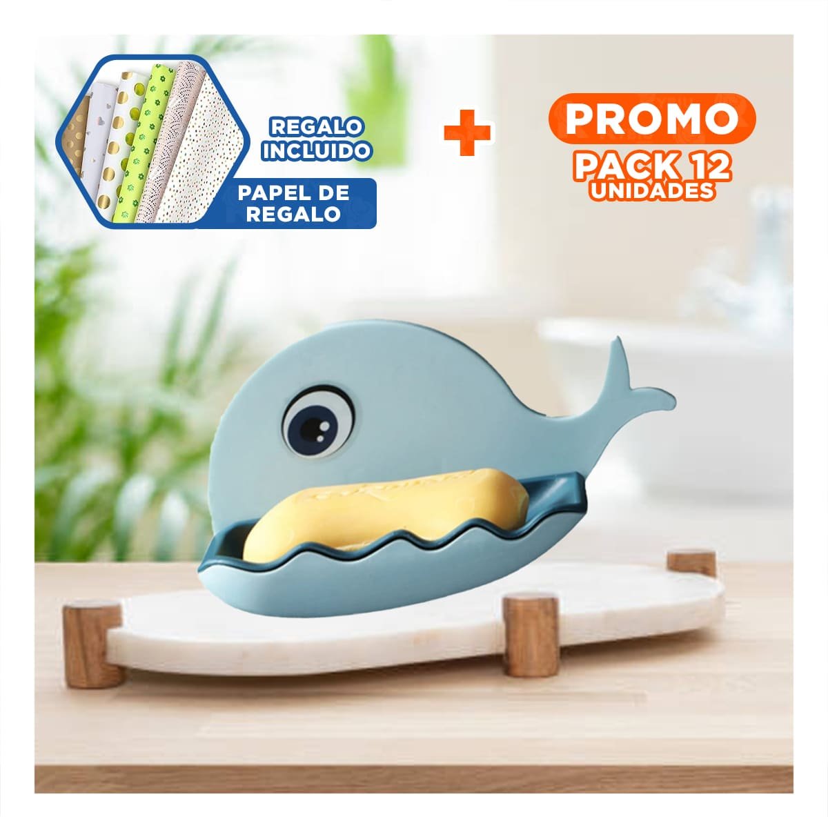 PACK12 PLATO JABON DE BALLENA COLOR CELESTE PARA COCINA ZONA LAVADO Y+PAPEL REGALO - 1