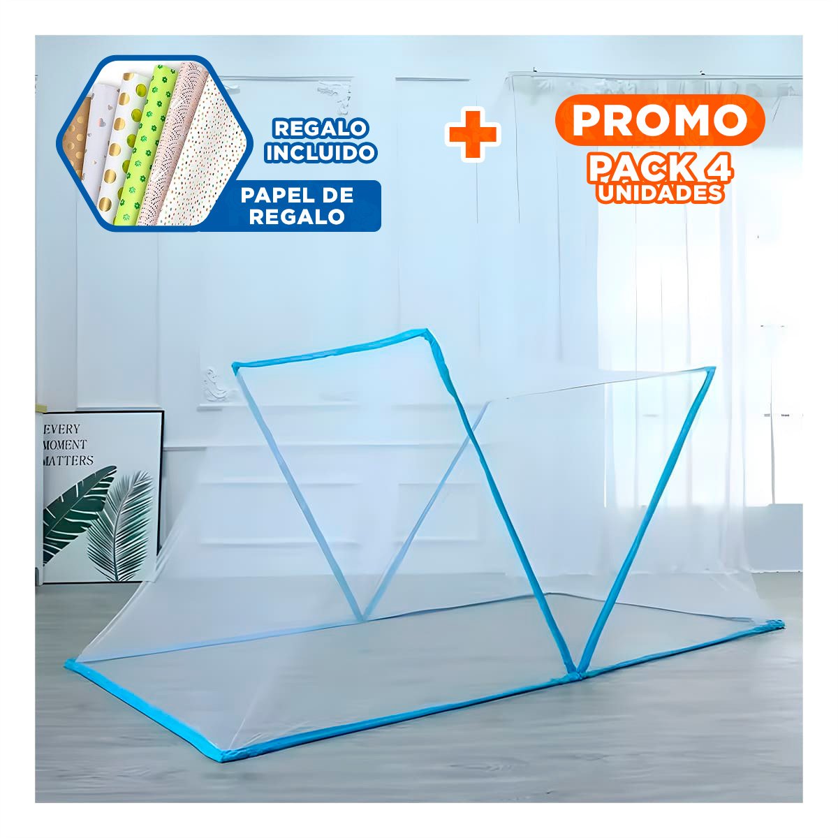 PACK4 MALLA PLEGABLE 130X190CM COMODA Y RESISTENTE Y FACIL DE GUARDAR CELESTE Y+PAPEL REGALO - 1