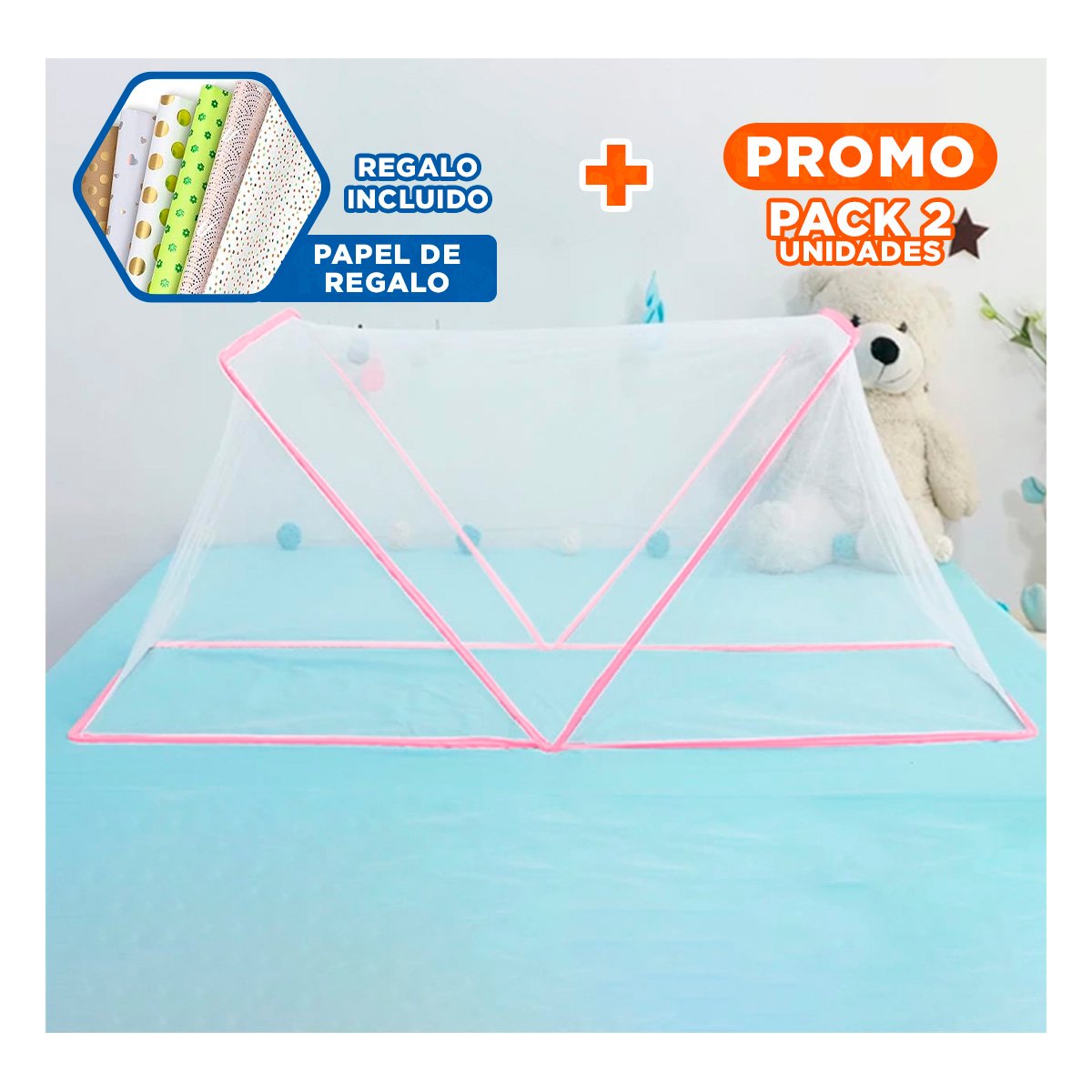 PACK2 MALLA PLEGABLE 130X190CM LIGERA Y PRACTICA Y COMODA ROSADO Y+PAPEL REGALO - 1