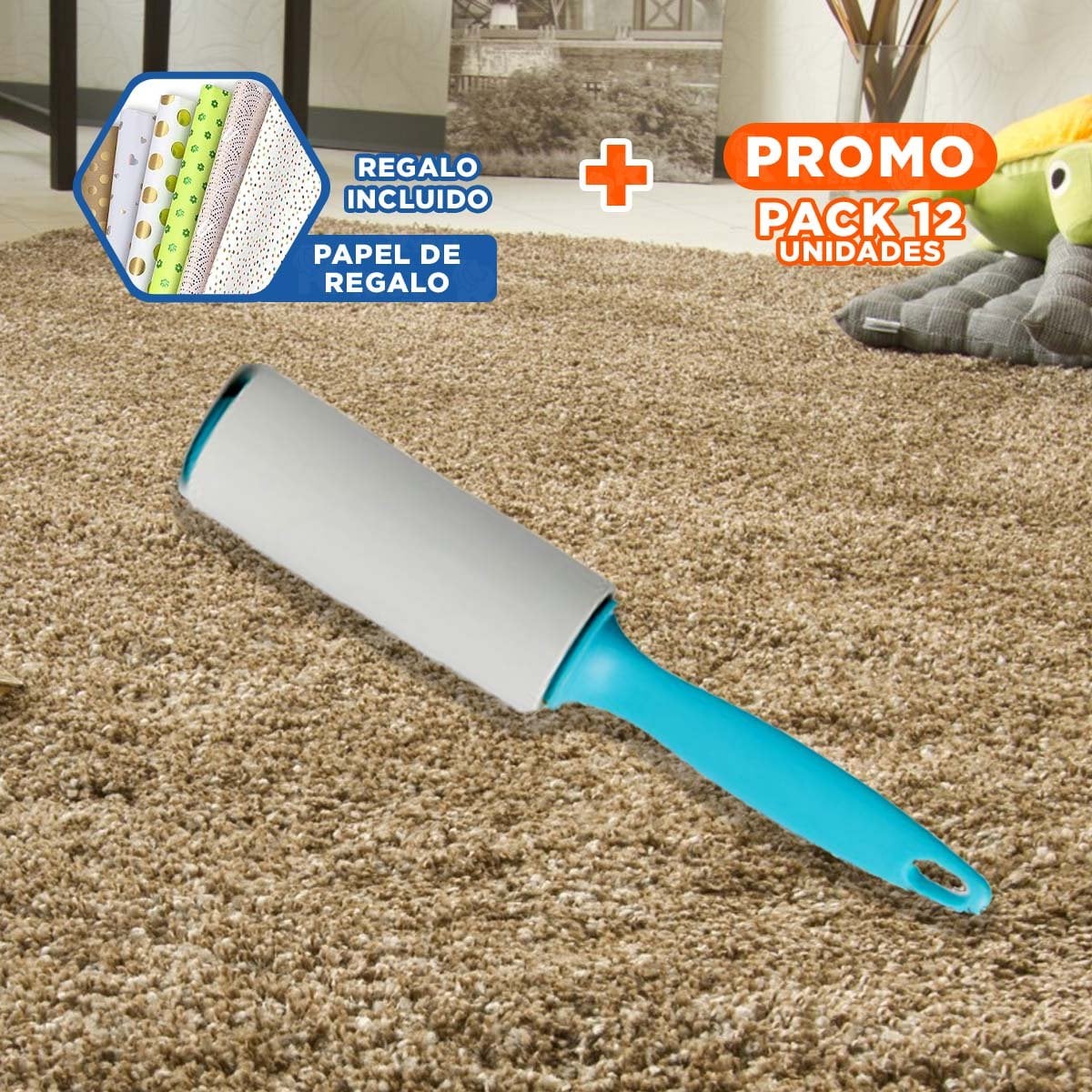 PACK12 RODILLO DE LIMPIEZA MANUAL PARA QUITA PELUSA EN PRENDAS CELESTE Y+PAPEL REGALO - 1