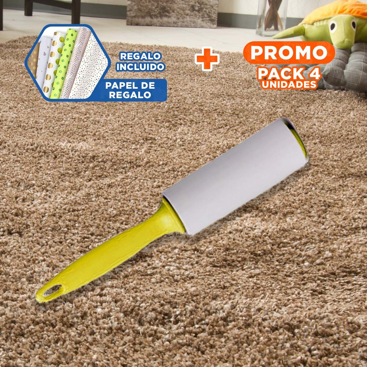 PACK4 SISTEMA QUITA PELUSA EN RODILLO ADHESIVO PARA TELAS AMARILLO MAX Y+PAPEL REGALO - 1