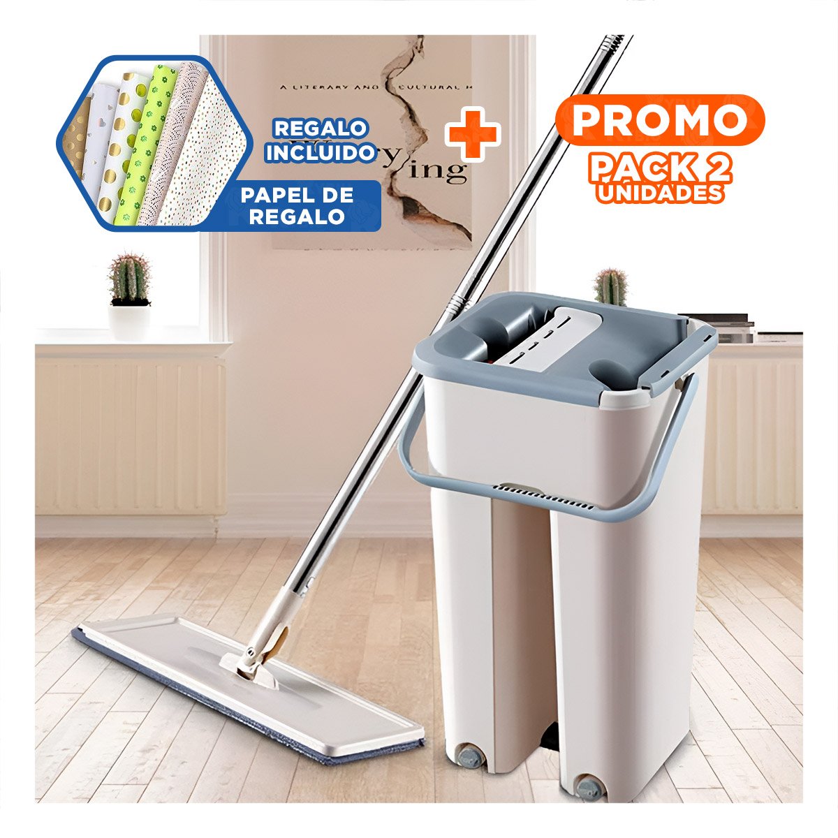 PACK2 ESCOBA RAPIDA 360 CON BALDE CENTRIFUGADOR PARA LIMPIEZA DIARIA GRIS Y+PAPEL REGALO - 1