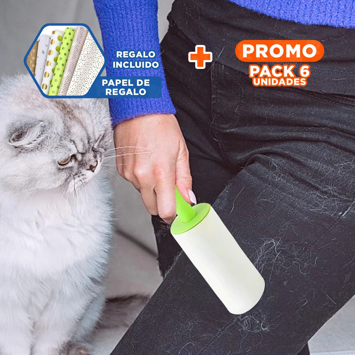 PACK6 SISTEMA QUITA PELUSA EN RODILLO PRACTICO PARA LIMPIEZA VERDE EXTRA NUEVO Y+PAPEL REGALO - 1