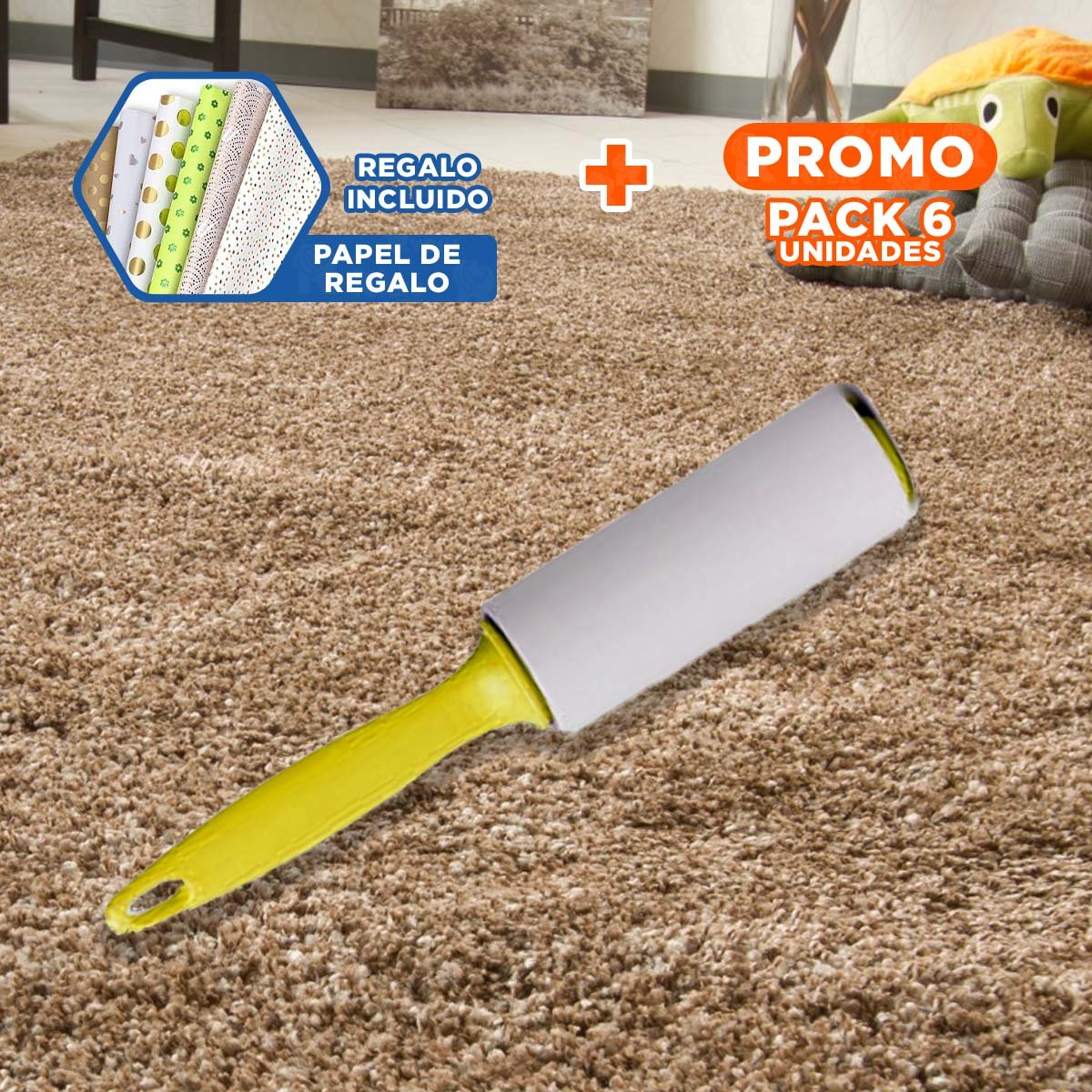 PACK6 SISTEMA QUITA PELUSA EN RODILLO PRACTICO PARA LIMPIEZA AMARILLO EXTRA Y+PAPEL REGALO - 1